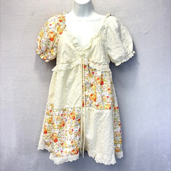 Dresses & Skirts - Milkmaid Floral Patchwork Sundress Womens Medium Smocked Puff Sleeve Cottagecore